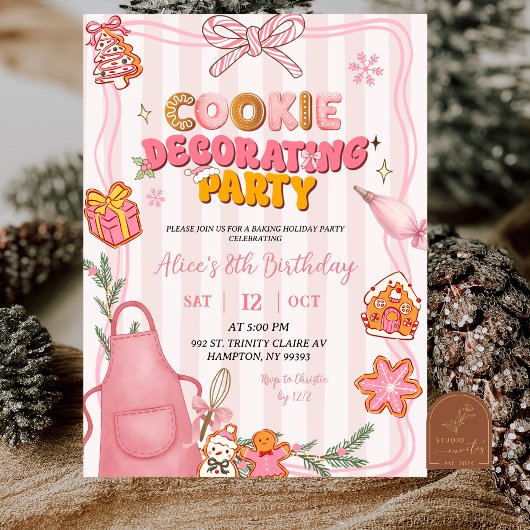 Invitation Pink Bow Cute Retro Cookie Decorating Party