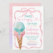 Invitation Pink Bow Deux Scoops De Fun Birthday Girl Glace Cr (Devant / Derrière)