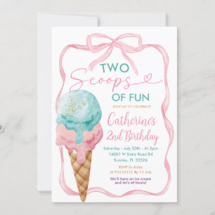 Invitation Pink Bow Deux Scoops De Fun Birthday Girl Glace Cr