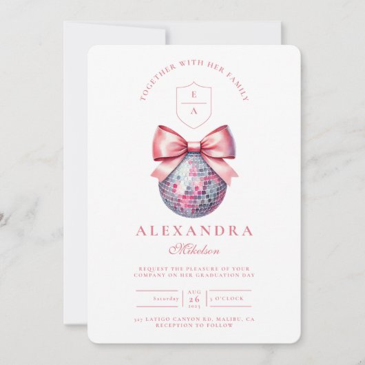 Invitation Pink Bow Disco Ball Party (Devant)