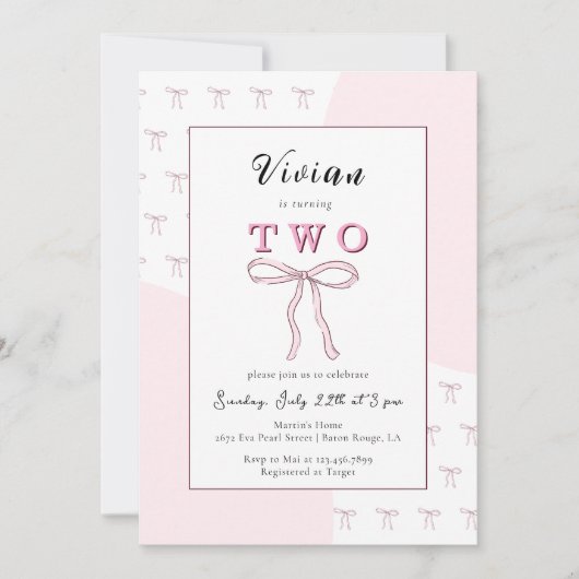 Invitation Pink Bow Doodle Girl 2e anniversaire (Devant)