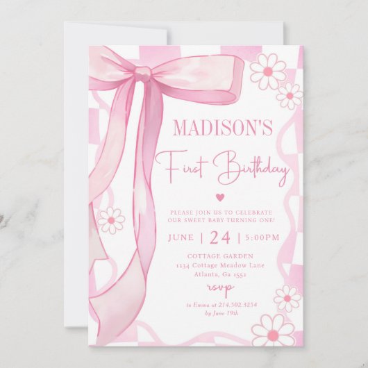 Invitation Pink Bow Elegant 1er Anniversaire (Devant)