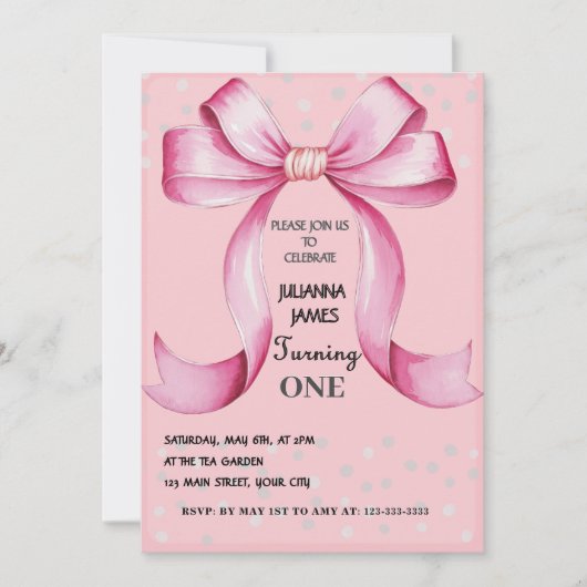 Invitation Pink Bow Elegant 1er anniversaire fête (Devant)