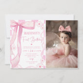 Invitation Pink Bow Elegant 1er Anniversaire Photo (Devant)