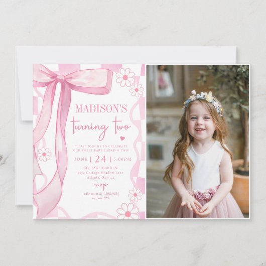 Invitation Pink Bow Elegant 2e photo d'anniversaire (Devant)