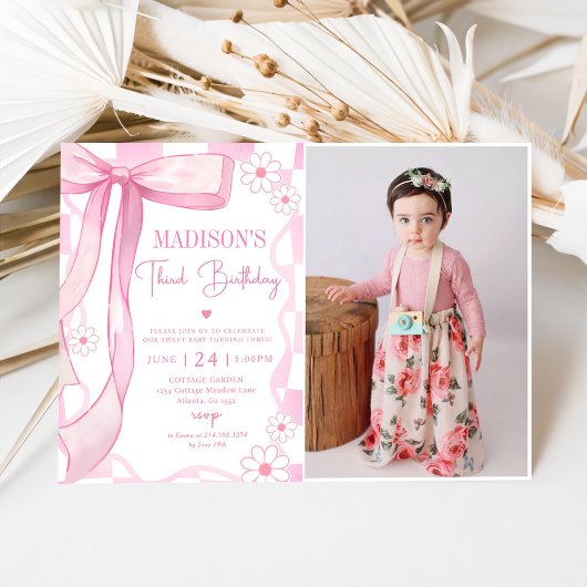 Invitation Pink Bow Elegant 3ème anniversaire Photo