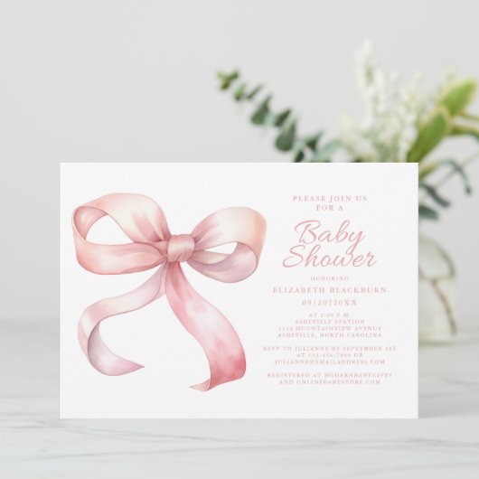 Invitation Pink Bow Elegant Baby Girl Douche Coquette Blush (Debout devant)