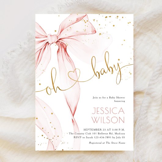 Invitation Pink Bow Elegant Girl Baby Shower