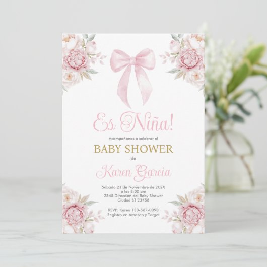 Invitation Pink Bow Espagnol Baby shower fille (Debout devant)