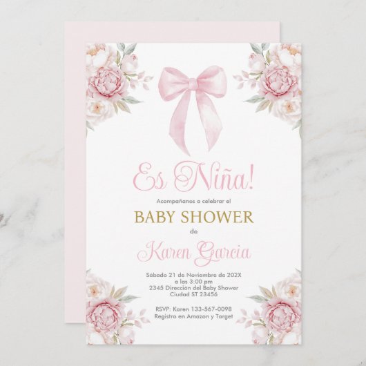 Invitation Pink Bow Espagnol Baby shower fille (Devant / Derrière)
