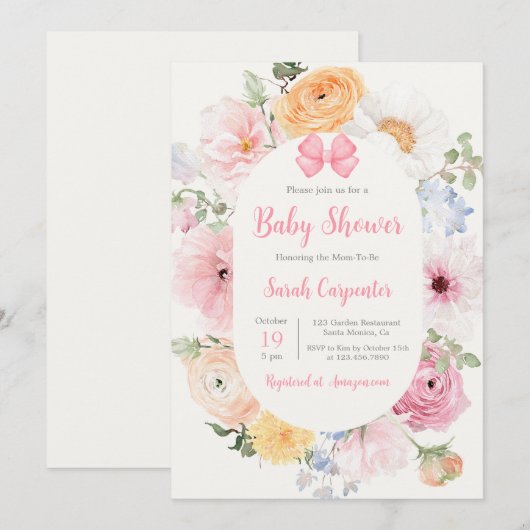 Invitation Pink Bow et Floral Baby shower Girl (Devant / Derrière)