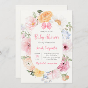 Invitation Pink Bow et Floral Baby shower Girl