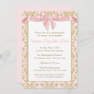 Invitation Pink Bow et Gold Damask Baptême