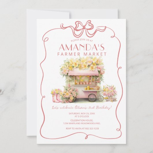 Invitation Pink Bow Farmer Market Floral Anniversaire (Devant)