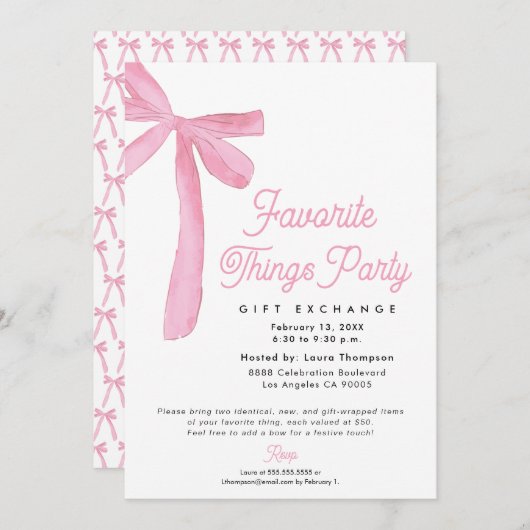 Invitation Pink Bow Favorite Things Party Gift Exchange (Devant / Derrière)