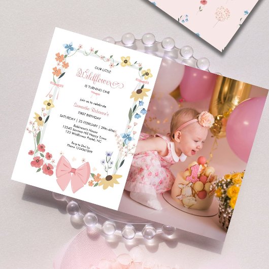 Invitation Pink Bow Fleur sauvage 1er anniversaire Photo