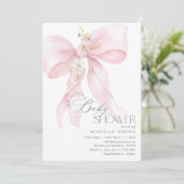 Invitation Pink Bow Floral Baby girl Douche (Debout devant)
