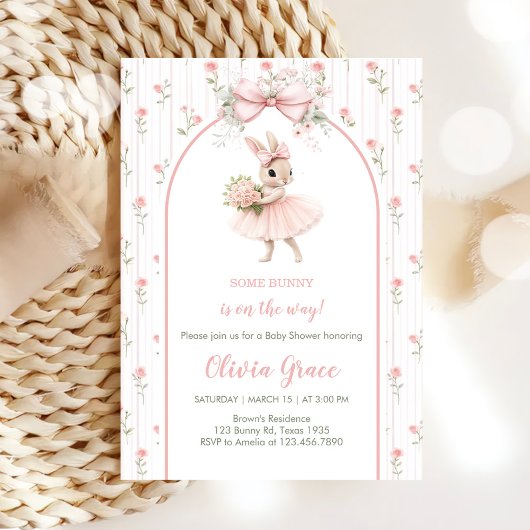Invitation Pink Bow & Floral Bunny Baby Shower 