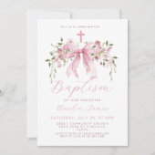 Invitation Pink Bow Floral Coquette Girl Baptism (Devant)