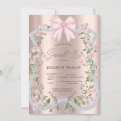 Invitation Pink Bow Floral Frame Rose Gold Sweet 16 (Devant)