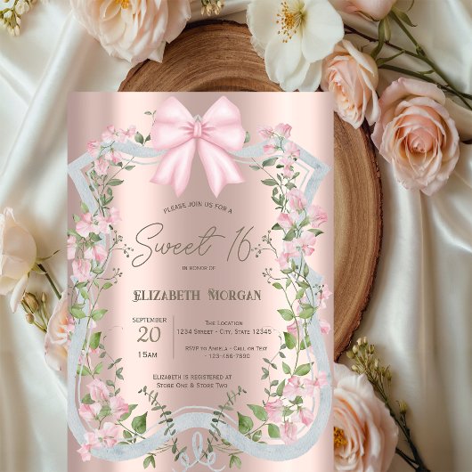 Invitation Pink Bow Floral Frame Rose Gold Sweet 16