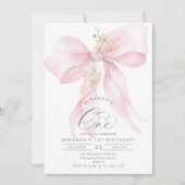 Invitation Pink Bow Floral Girl 1er BIrthday party (Devant)