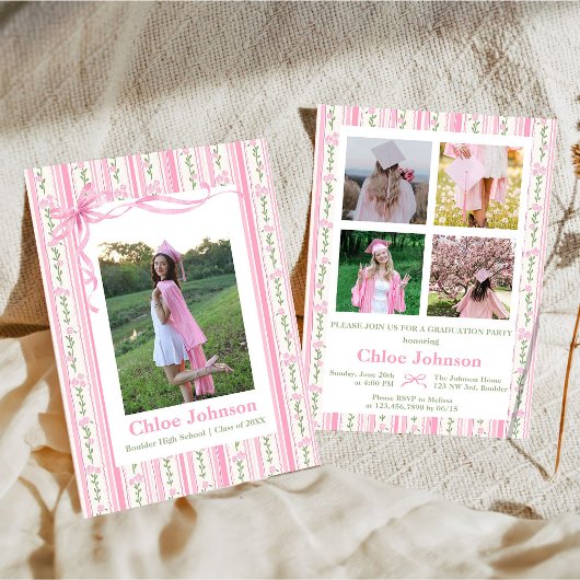 Invitation Pink Bow Floral Graduation
