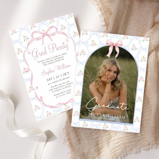 Invitation Pink Bow Floral Graduation Party