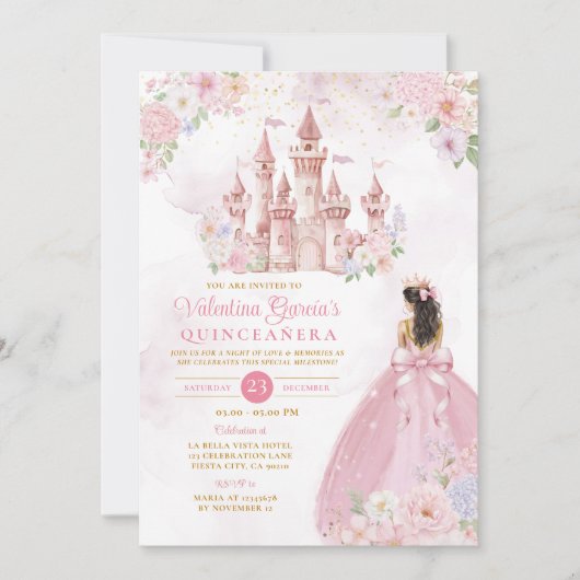 Invitation Pink Bow Floral Princess Royal Castle Quinceañera (Devant)