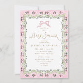 Invitation Pink Bow Floral Scalloped Frame Baby Shower  (Devant)