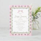 Invitation Pink Bow Floral Scalloped Frame Baby Shower  (Debout devant)