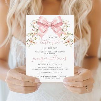 Invitation Pink Bow Floral Spring Baby Girl Shower