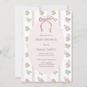 Invitation Pink Bow Floral Stripe Baby Shower (Devant)