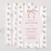 Invitation Pink Bow Floral Stripe Baby Shower (Devant / Derrière)