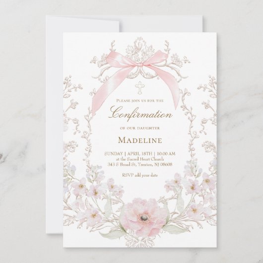 Invitation  pink bow flowers frame Confirmation (Devant)