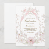 Invitation  pink bow flowers frame Confirmation (Devant / Derrière)