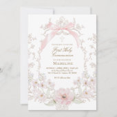 Invitation  pink bow flowers frame First Holy Communion (Devant)
