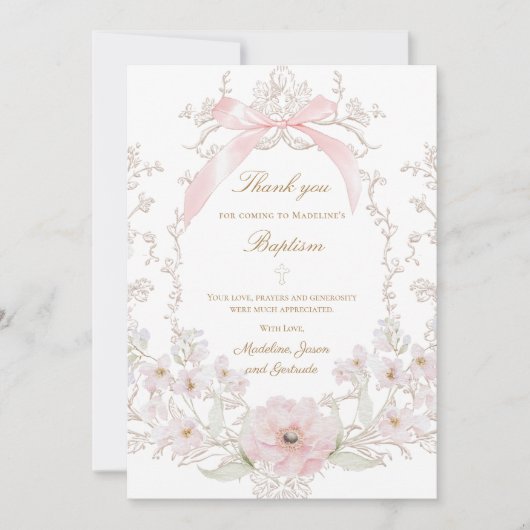 Invitation  pink bow flowers frame Thank you card (Devant)