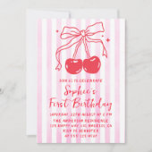 Invitation Pink Bow Fruit Sweet Cherry First Birthday (Devant)