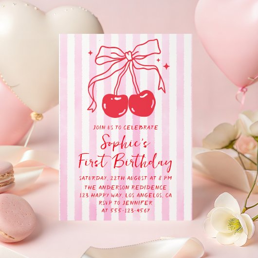 Invitation Pink Bow Fruit Sweet Cherry First Birthday
