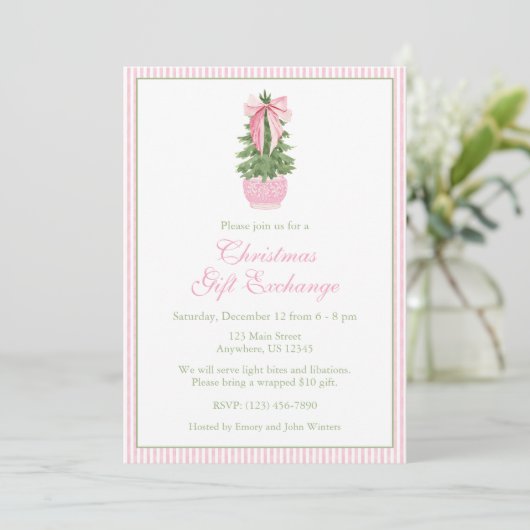 Invitation Pink Bow Ginger Jar Christmas Tree Party (Debout devant)