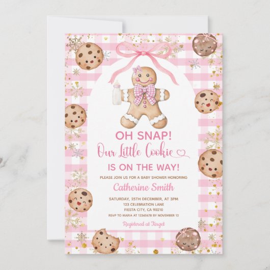 Invitation Pink Bow Gingerbread Christmas Baby Shower Gingham (Devant)