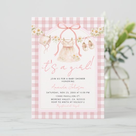 Invitation Pink Bow Gingham Daisy Clothesline I (Debout devant)