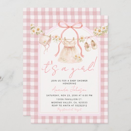 Invitation Pink Bow Gingham Daisy Clothesline I (Devant / Derrière)