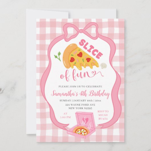 Invitation Pink Bow Gingham Slice of Fun pizza birthday  (Devant)