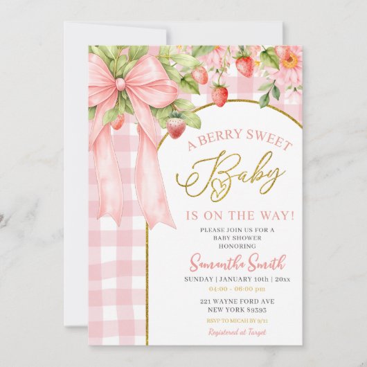 Invitation Pink Bow Gingham Strawberry Baby Shower (Devant)
