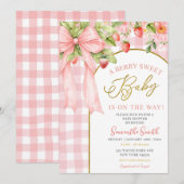 Invitation Pink Bow Gingham Strawberry Baby Shower (Devant / Derrière)