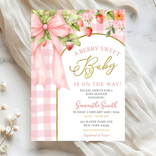 Invitation Pink Bow Gingham Strawberry Baby Shower