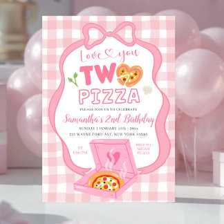 Invitation Pink Bow GinghamLove you TWO pizza birthday