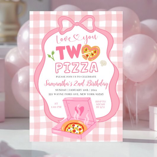 Invitation Pink Bow GinghamLove you TWO pizza birthday